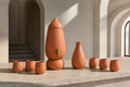 The Complete Ritual with one handcrafted terracotta water dispenser, one carafe and six cups arranged on a limestone table in a quiet Portuguese interior.