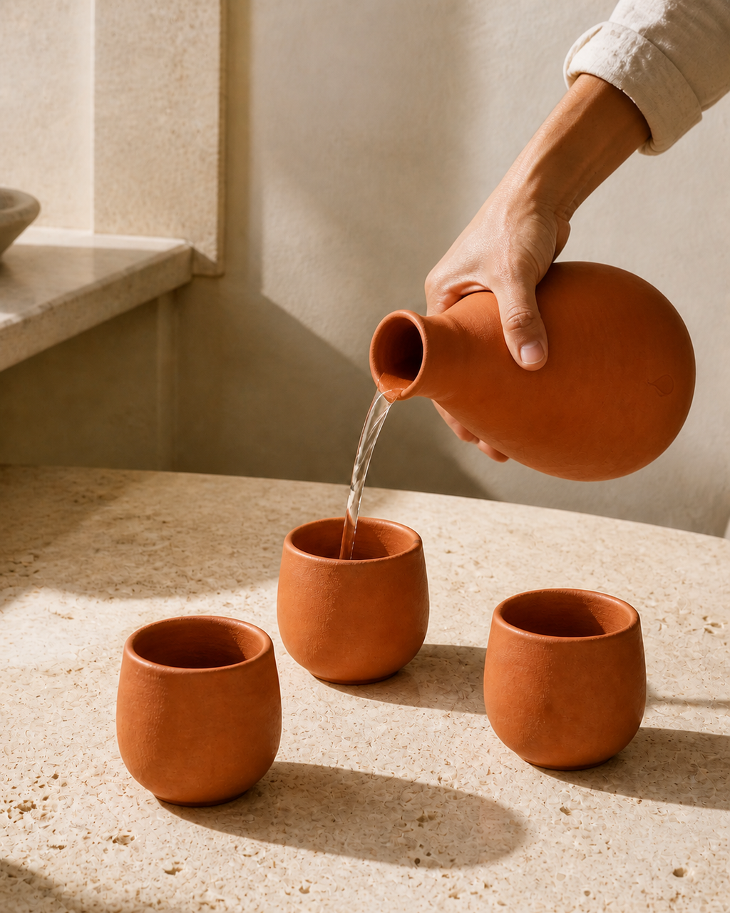 A hand pours water from the handle-free terracotta carafe into one of three matching KASKAIS ritual cups on a sunlit limestone table.