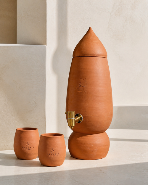 The Water Ritual handcrafted Portuguese clay dispenser with two cups